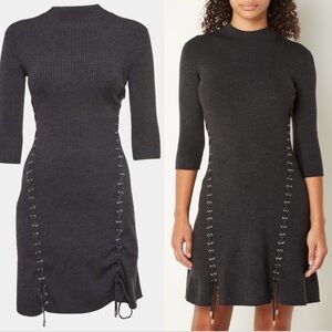 Maje Ribbed Knit Midi Dress Grey Acrylic Lace Eyelet Detail Three Quarter Sleeve